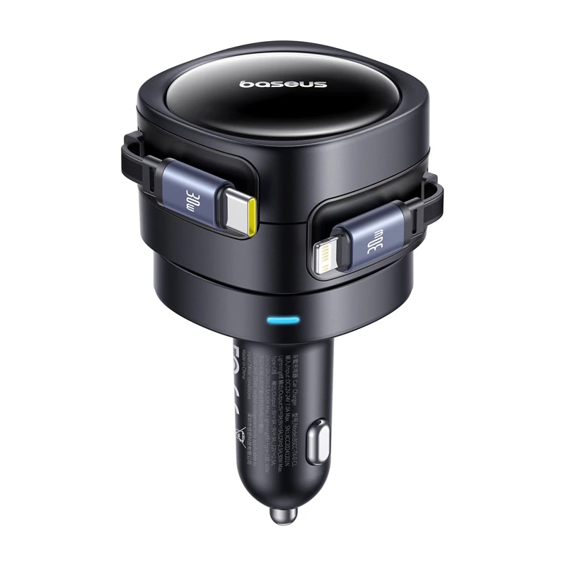 Automobilinis įkroviklis Baseus Enjoyment Max 60W su USB-C ir Lightning laidais, dviejų prievadų greitasis įkrovimas