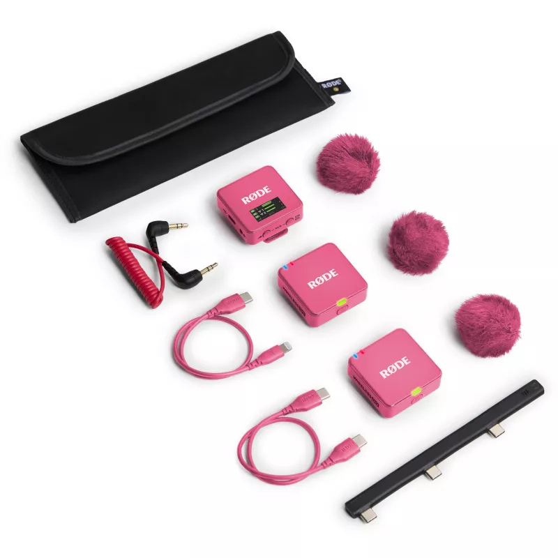 Belaidis mikrofonas RODE Wireless GO III Pink – kompaktiška dviejų kanalų siųstuvų ir imtuvo sistema