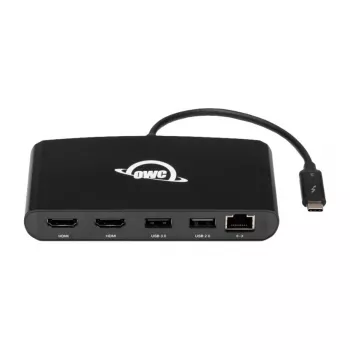 OWC Thunderbolt 3 Mini dokavimo stotelė, 5 prievadai, jungia du 4K ekranus, Gigabit Ethernet jungtis, integruotas laidas