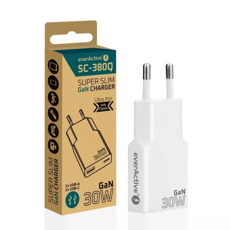 Universalus USB sieninis įkroviklis everActive SC-380Q Super Slim QC 3.0 — Quick Charge 3.0, kompaktiškas dizainas