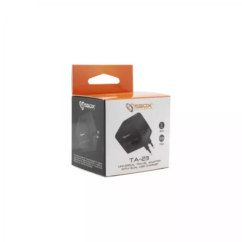Kelioninis adapteris SBOX TA-23 su dvigubu USB įkrovikliu ir universalia kištukų sistema