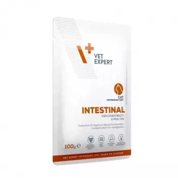 Šlapias veterinarinis ėdalas katėms VETEXPERT Intestinal Cat 100 g – vištiena, baltymai 38%, riebalai 20%, suaugusioms katėms, kasos nepakankamumas