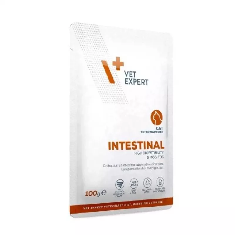 Šlapias veterinarinis ėdalas katėms VETEXPERT Intestinal Cat 100 g – vištiena, baltymai 38%, riebalai 20%, suaugusioms katėms, kasos nepakankamumas