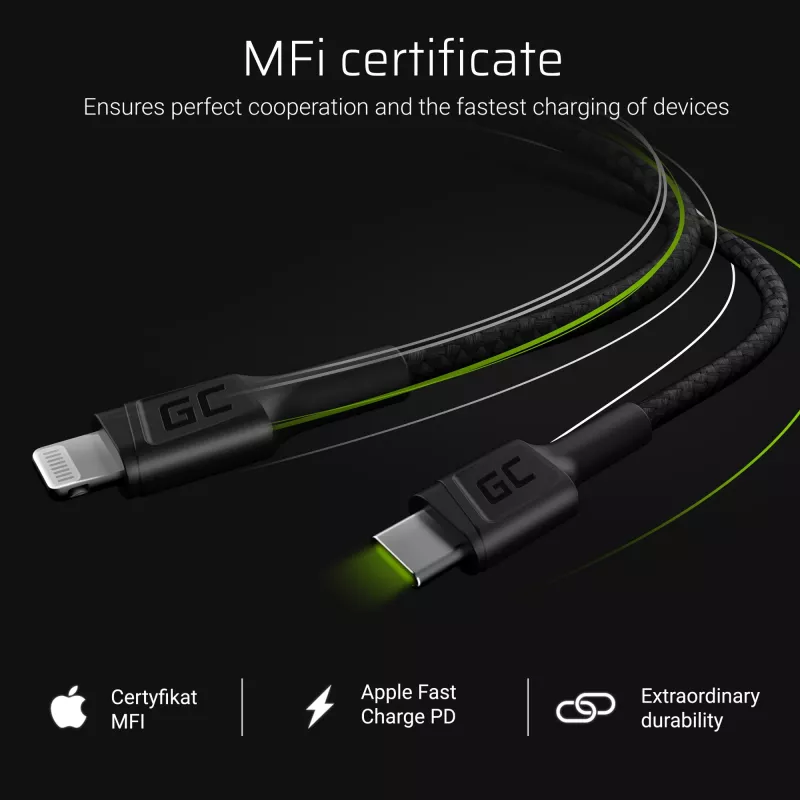 Green Cell PowerStream KABGC07 USB-C į Lightning kabelis, 1 m, PD, Apple MFi, juodas