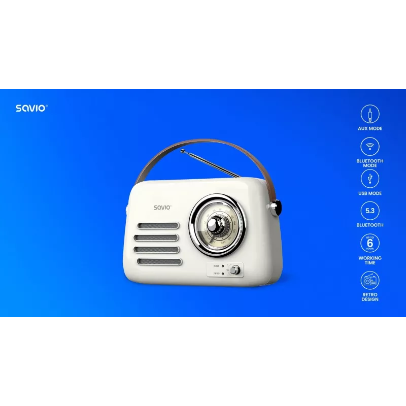 Nešiojamas radijas SAVIO RS-02 — analoginis FM imtuvas, Bluetooth 5.3, USB maitinimas, 3 W, baltas