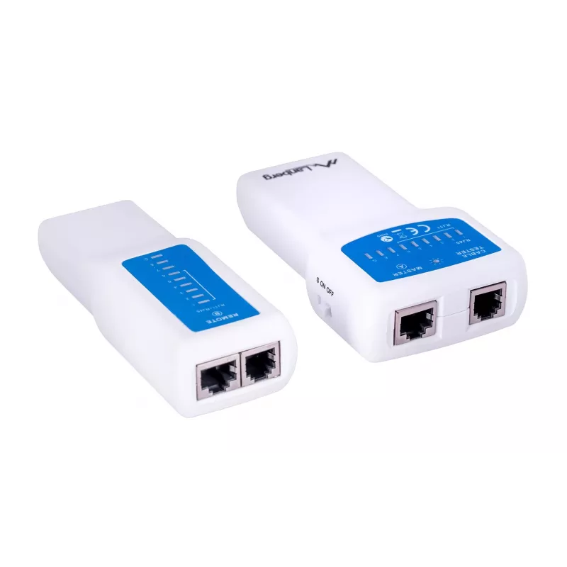 PoE tester LANBERG NT-0402 – tinklo kabelių testeris su RJ-45/RJ-11 palaikymu, LED indikatoriais, maitinimo indikatoriumi, įjungimo/išjungimo mygtuku