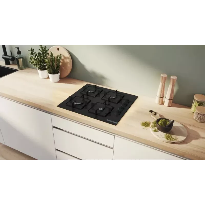 Įmontuojama dujinė kaitlentė Bosch Serie 2 POP6B6K30 60 cm, 4 dujų zonos, juodas grūdintas stiklas, sukamosios rankenėlės