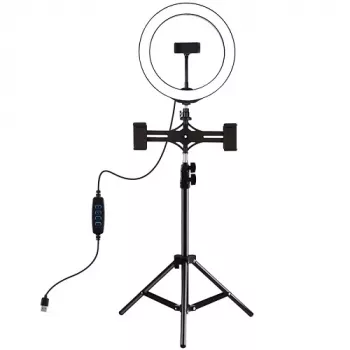 LED žiedinis apšvietimas 26 cm su trikoju iki 1,1 m ir 3 laikikliais telefonams, USB