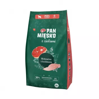 Sausas šunų ėdalas Pan Miesko Mr. Meat su žolelėmis Jautiena su Triušiu M 20 kg Maišas, vidutinėms veislėms, Baltymai 30% Riebalai 20%