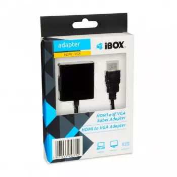 Vaizdo kabelio adapteris IBOX HDMI A tipo kištukas į VGA D-Sub lizdą, 1080p, juodas, 105×25×20 mm