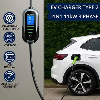 QOLTEC Mobile EV 2in1 Type2 11 kW 400 V Wi-Fi TUYA SMART LIFE LCD nešiojama sieninė dėžutė su 5 m laidu