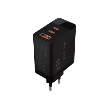 LCD sieninis įkroviklis su USB lizdu ir 2x USB-C PD 65W GAN, juodas, su vatmetru