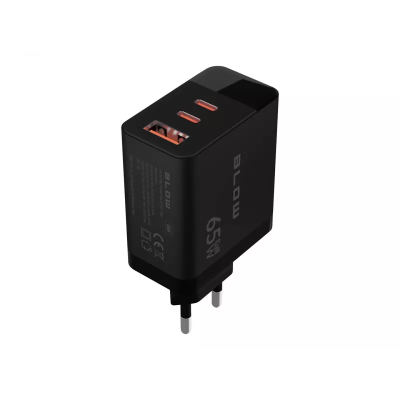 LCD sieninis įkroviklis su USB lizdu ir 2x USB-C PD 65W GAN, juodas, su vatmetru
