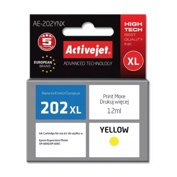 Kasetė ActiveJet AE-202YNX Geltona, suderinama su Epson 202XL, 12 ml dažų, didelės talpos (XL), vienetinis paketas