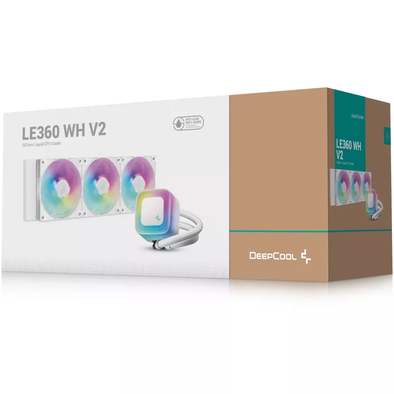 Vandens aušintuvas „all-in-one“ DeepCool LE360 WH V2 12 cm Baltas — 360 mm radiatorius, 3x120 mm ventiliatoriai, LGA 1851 palaikymas