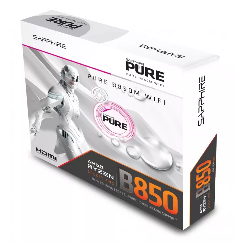 Motininė plokštė Sapphire PURE B850M WIFI Micro ATX — AMD B850, Socket AM5, DDR5 iki 8000 MHz, 4 DIMM, Wi‑Fi 6, 2.5Gb LAN, 2× M.2, PCIe 5.0 x16