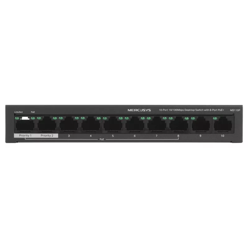 Switch Mercusys MS110P 10 prievadų 10/100Mbps PoE+ 8 prievadai (1.0 versija)