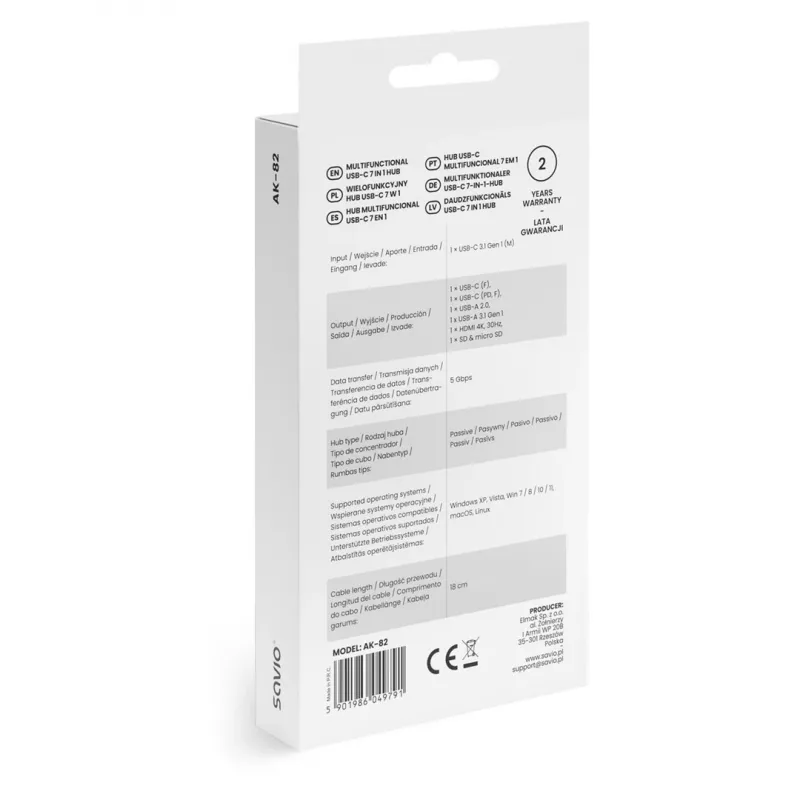 USB Type-C stotelė SAVIO AK-82 su HDMI, MicroSD, USB 3.2 Gen1, PD praėjimu, 4K@30Hz, 5000 Mbit/s, juoda
