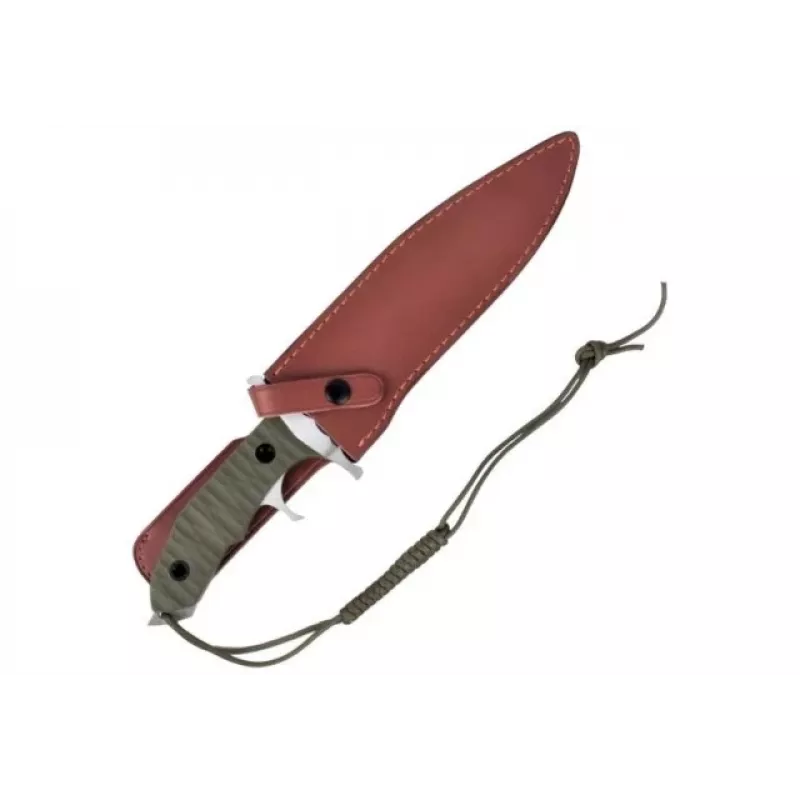 Fiksuotas peilis cinema classic CC-H5 Rambo V – išgyvenimo peilis, plieninis ašmenys 230 mm, bendras ilgis 385 mm, polimerinė žalia rankena, odinė makštis