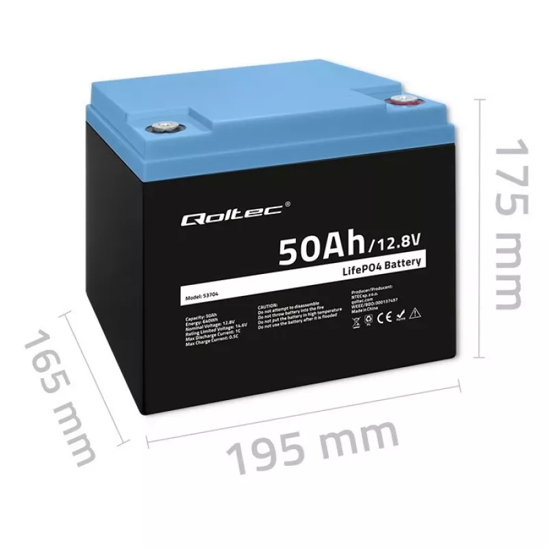 LiFePO4 akumuliatorius QOLTEC 12.8V 50Ah (model 53704) atsarginiam maitinimui ir energijos kaupimui