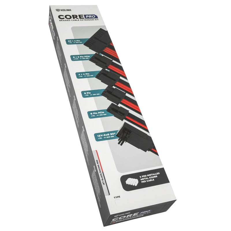 Laidų/Adapterių rinkinys Kolink Core Pro 12V-2x6 Type 2 pintas, Jet Black/Racing