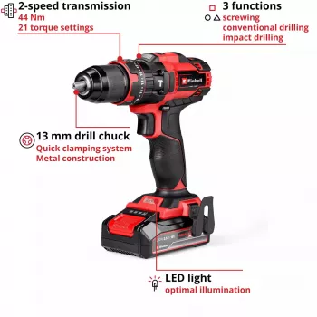Gręžtuvas Einhell TE-CD 18/44 Li-i 24000 RPM 1.59 kg Juodas, Raudonas