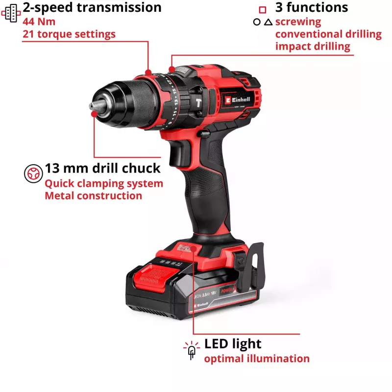 Gręžtuvas Einhell TE-CD 18/44 Li-i 24000 RPM 1.59 kg Juodas, Raudonas
