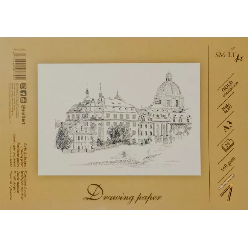 Piešimo ir eskizavimo popierius SMLT A3, 160 g/m², 20 lapų, klijuotas