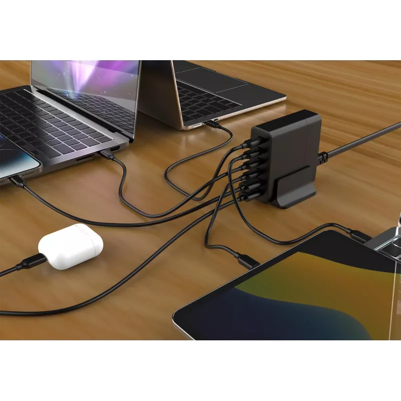 GEMBIRD TA-UC-2A4C-PD75-01-BK mobiliojo įrenginio įkroviklis — 75W, 4× USB-C + 2× USB-A, PD & QC3.0, 6 įrenginių vienu metu, 1,5 m laidas, juodas
