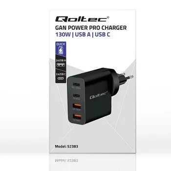 Qoltec GaN POWER PRO Įkroviklis | 2xUSB-C | 2xUSB | 130W | 5-20V | 1,5-5A | XP | Juoda