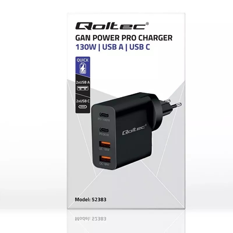 Qoltec GaN POWER PRO Įkroviklis | 2xUSB-C | 2xUSB | 130W | 5-20V | 1,5-5A | XP | Juoda