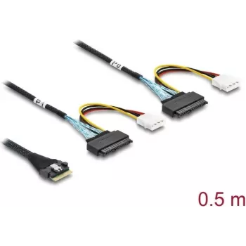 DELOCK PCIe 4.0 plonas SAS kabelis SFF-8654 8i į 2× U.2 SFF-8639 lizdus su maitinimo jungtimi 0,5 m