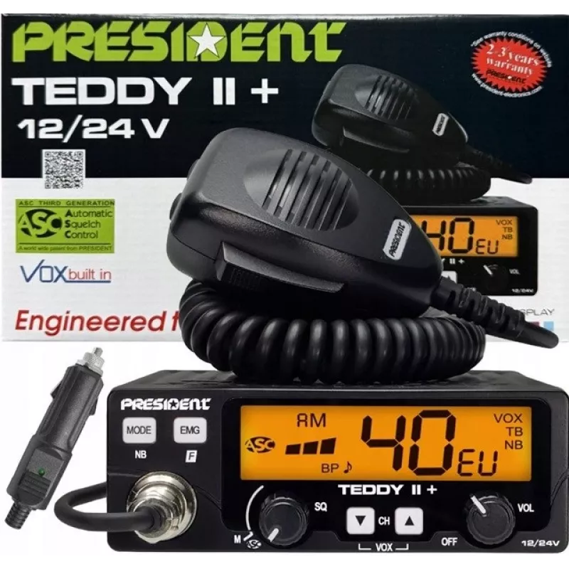 CB radijas President Teddy II+ – 40 kanalų, 4W, 12/24V, triukšmo slopintuvas, 125×125×45 mm
