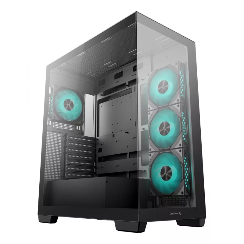 Korpusas DeepCool CG580 4F Midi Tower — ATX/MicroATX/ITX, grūdintas stiklas, 3×120 mm + 1×120 mm ventiliatoriai, 2×3.5 colio ir 2×2.5 colio diskų vietos, USB-A×2 USB-C×1, juodas