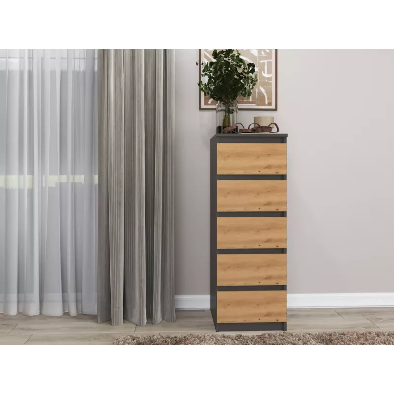 Komoda Top e Shop W5 ANT/ART, 5 stalčių, antracitas/ąžuolas, medžio drožlių plokštė