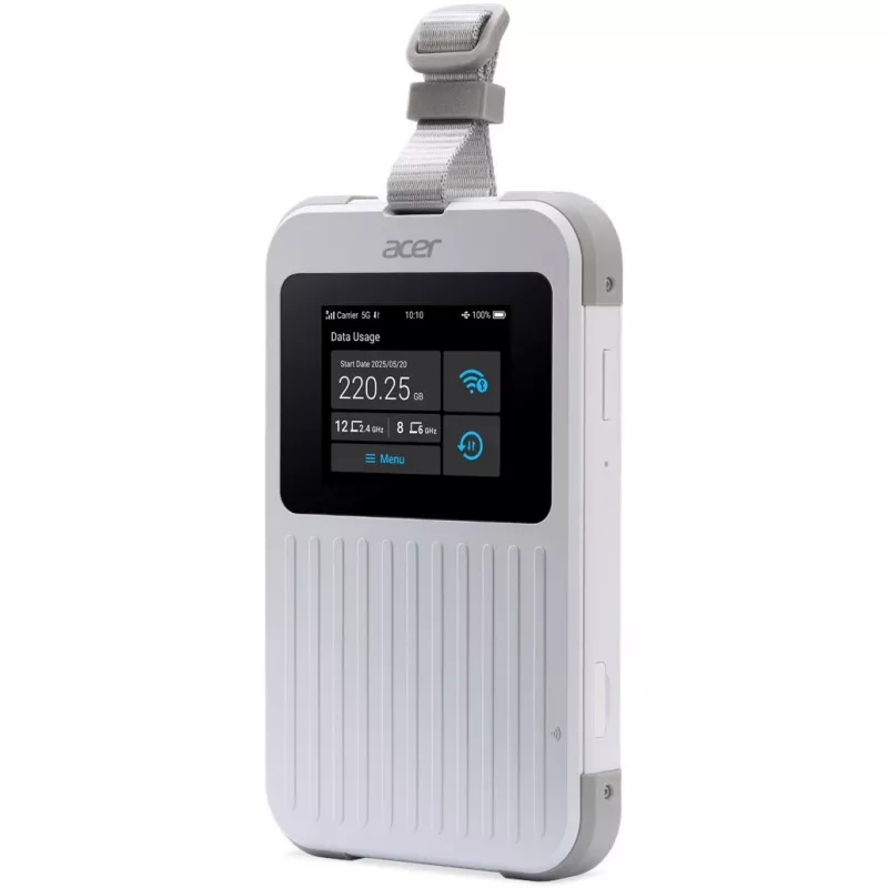 Nešiojamas maršrutizatorius Acer Connect M6E su 20 GB, dviejų juostų (2,4 GHz + 5 GHz arba 2,4 GHz + 6 GHz), Wi‑Fi 6E, 5G, IP68, 2x2 vidinės antenos, 4 GB RAM, 2,5 GHz CPU