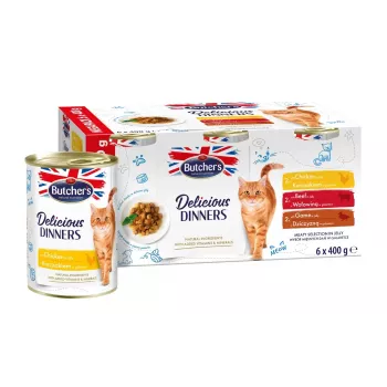 Šlapias kačių ėdalas Butcher's Delicious Dinners Meaty selection drebučiuose 6×400 g – suaugusioms katėms, be grūdų, vištiena, 82% drėgmė