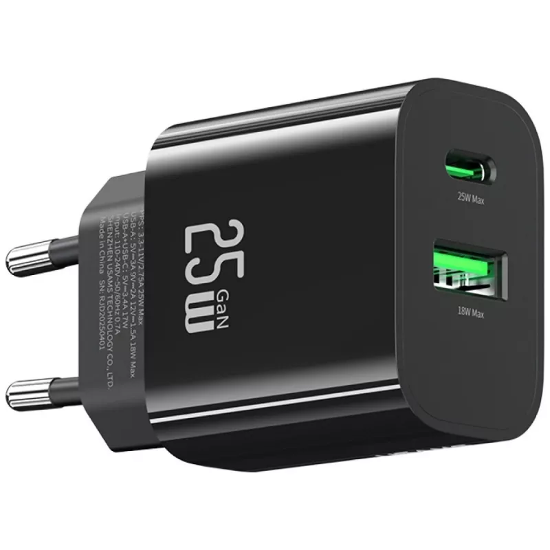USB-C ir USB-A sieninis įkroviklis USAMS USA001629 25W greitasis įkrovimas