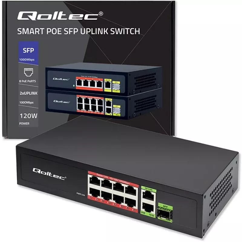 Eterneto jungiklis QOLTEC 52297 PoE RJ45 su PoE Uplink ir SFP prievadu