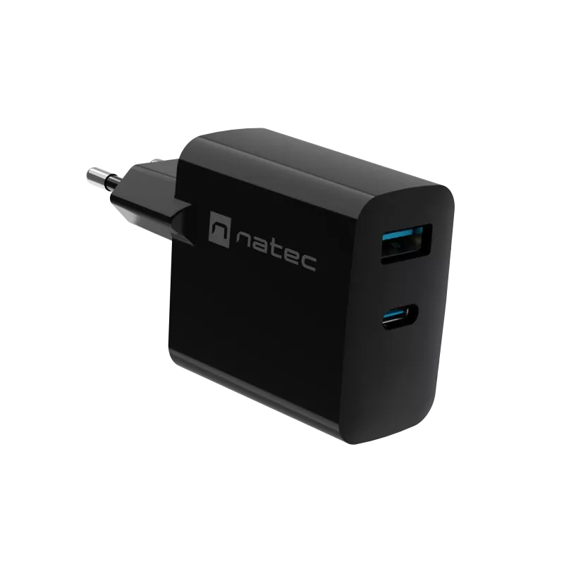 Laidinis mobiliojo įrenginio įkroviklis NATEC NUC-2145, 65W, USB-C PD 3.0 + QC 3.0, 1x USB-C, 1x USB-A, 110–240V, Juodas