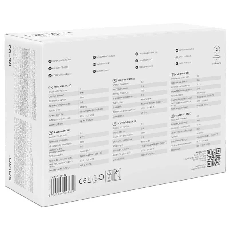Nešiojamas radijas SAVIO RS-02 — analoginis FM imtuvas, Bluetooth 5.3, USB maitinimas, 3 W, baltas