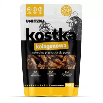 UNISZKI kolageno kubas vištienos 100 g – vieno ingrediento kramtomas skanėstas šunims, sąnarių palaikymui, treniruočių užkandis