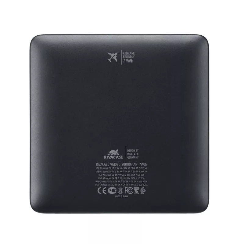 Power bank Rivacase VA1090 – 20000 mAh, 77 Wh, bendra išėjimo galia 100 W, 440 g