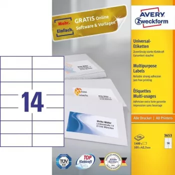 Avery 3653 lipnios etiketės, stačiakampės, baltos, nuolatiniai klijai, 1400 vnt.