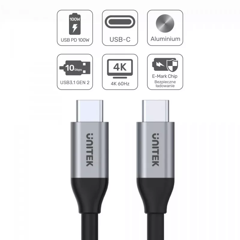 USB C į C duomenų ir įkrovimo kabelis Unitek C14082ABK 1 m, USB 3.2 Gen 2 (10 Gbit/s), 100 W PD, juodas