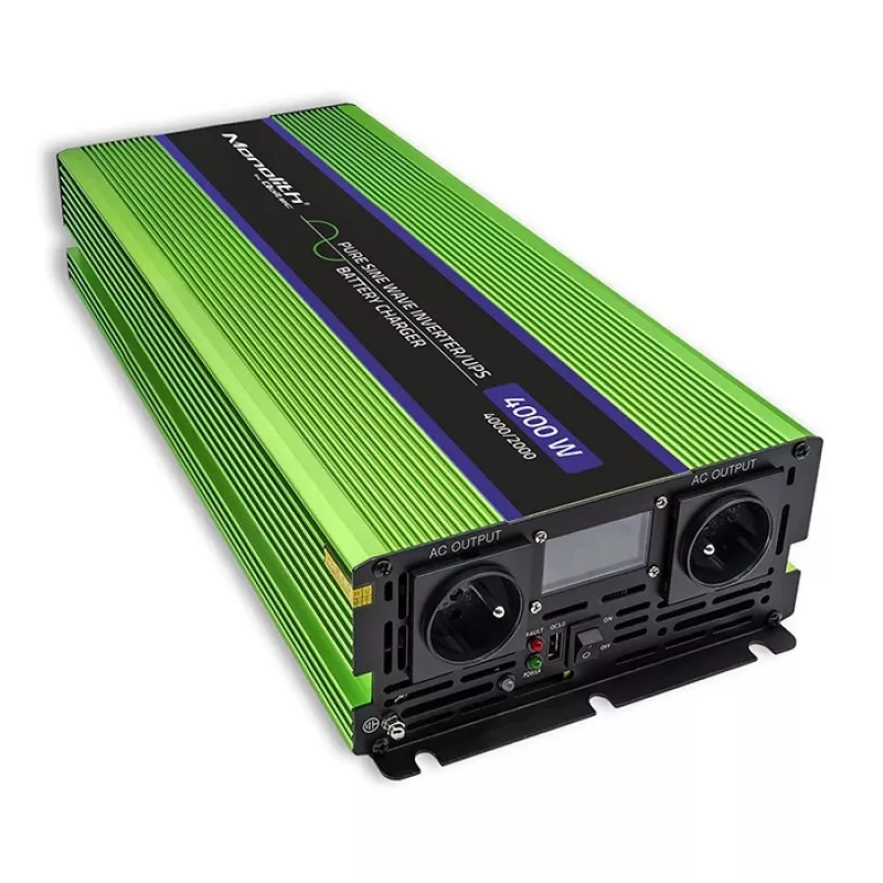 Qoltec Monolith įtampos keitiklis | Baterijos įkrovimas | UPS | 2000W | 4000W | 12V į 230V | Grynas sinusas | LCD juodas-žalias