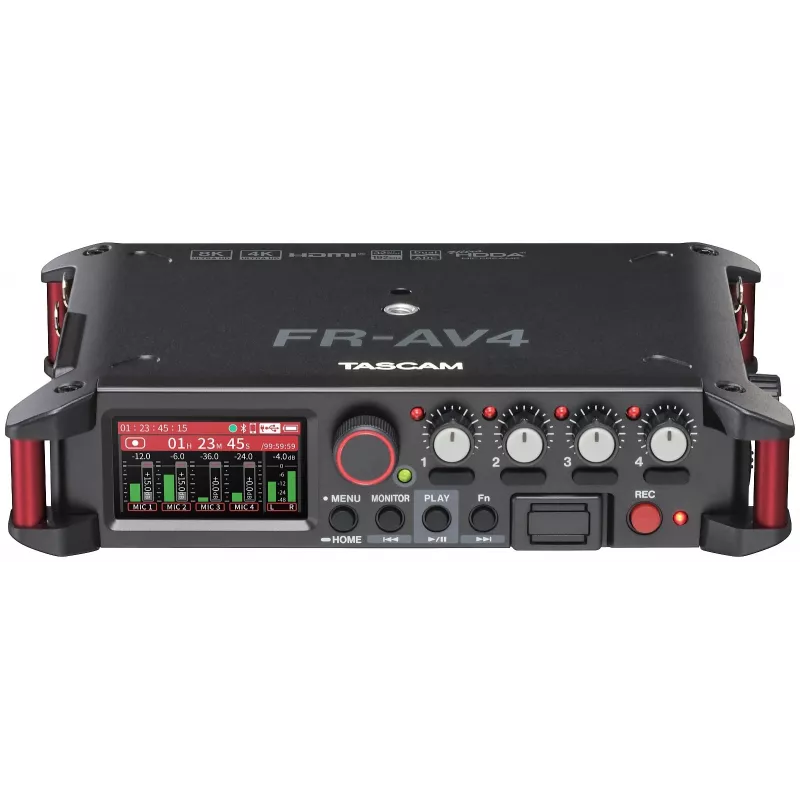 Nešiojamas garso įrašymo įrenginys Tascam FR-AV4 — 6 kanalų, 4 XLR combo + 2x 3,5 mm, 24/32 bitų, 48/96/192 kHz, „MicroSD“ iki 512 GB, USB-C, PD