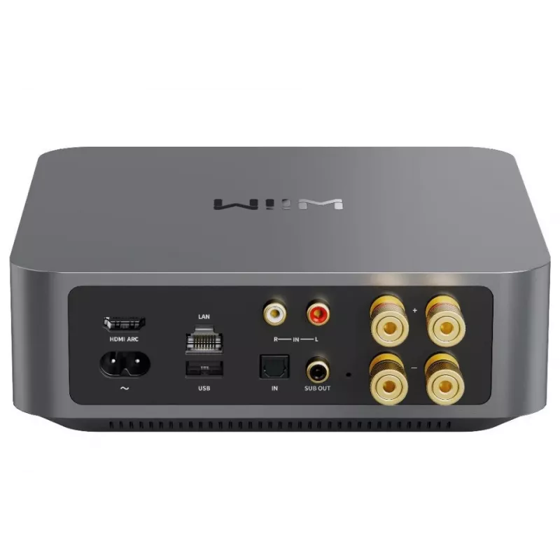 Stereo srautinio stiprintuvo imtuvas WiiM Amp Pro Dark Grey – Wi‑Fi, Bluetooth 5.3, AirPlay 2, Spotify Connect, HDMI ARC, optinis įėjimas, sub išėjimas
