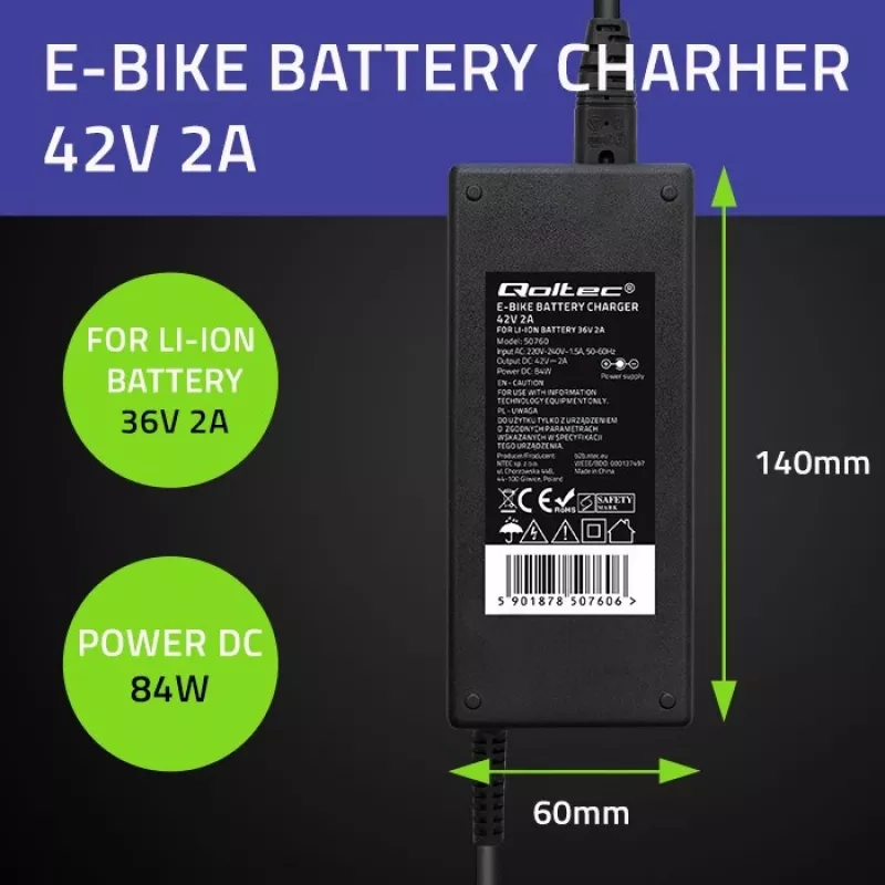 Qoltec 50760 Įkroviklis elektrinių dviračių akumuliatoriams 36V | 42V | 2A | 5,5*2,1
