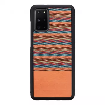 Dėklas Samsung Galaxy S20+ medinis su polikarbonatiniu rėmu — rudas languotas raštas su juodu apvadu